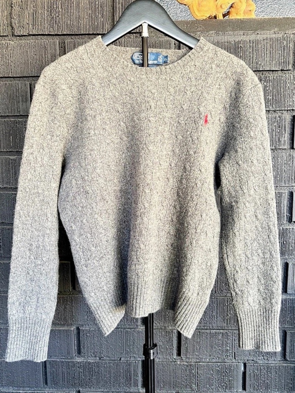 Polo Ralph Lauren Gray Lambswool Cable Knit Sweater Pink Pony Logo WMNS XL
